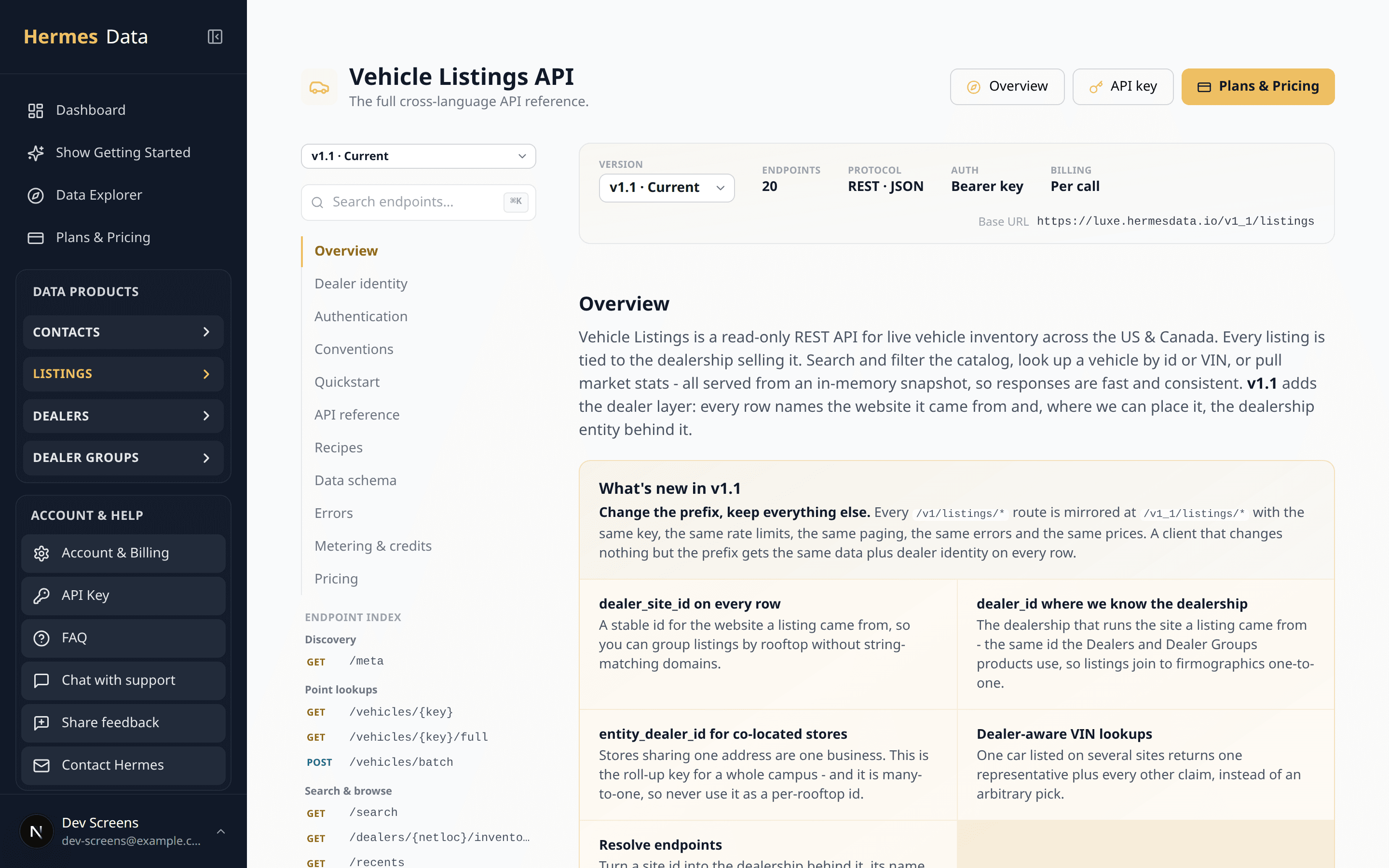 The Vehicle Listings API reference inside the portal: version 1.2, 22 endpoints, REST and JSON over a Bearer key, billed per call, with an endpoint index for search, point lookups and batch reads.
